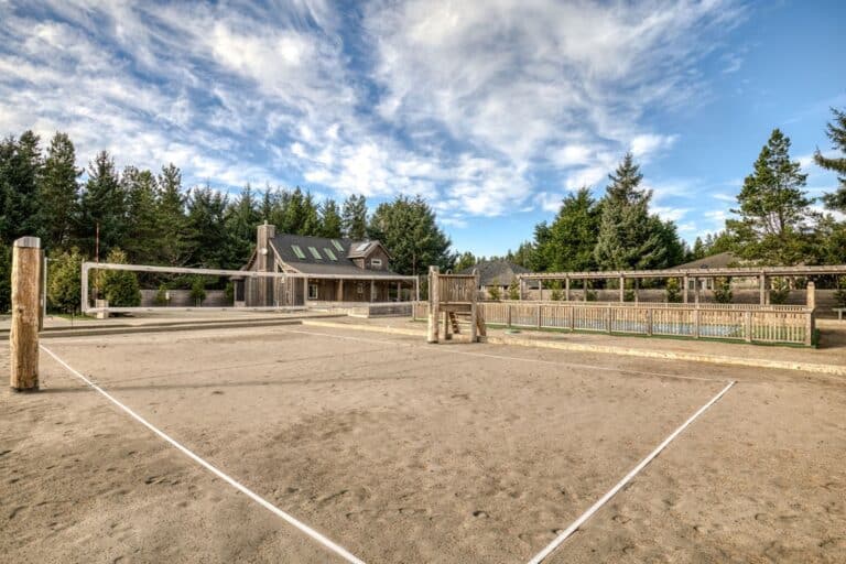 Custom adjustable volleyball court in the common area for Lewis and Clark