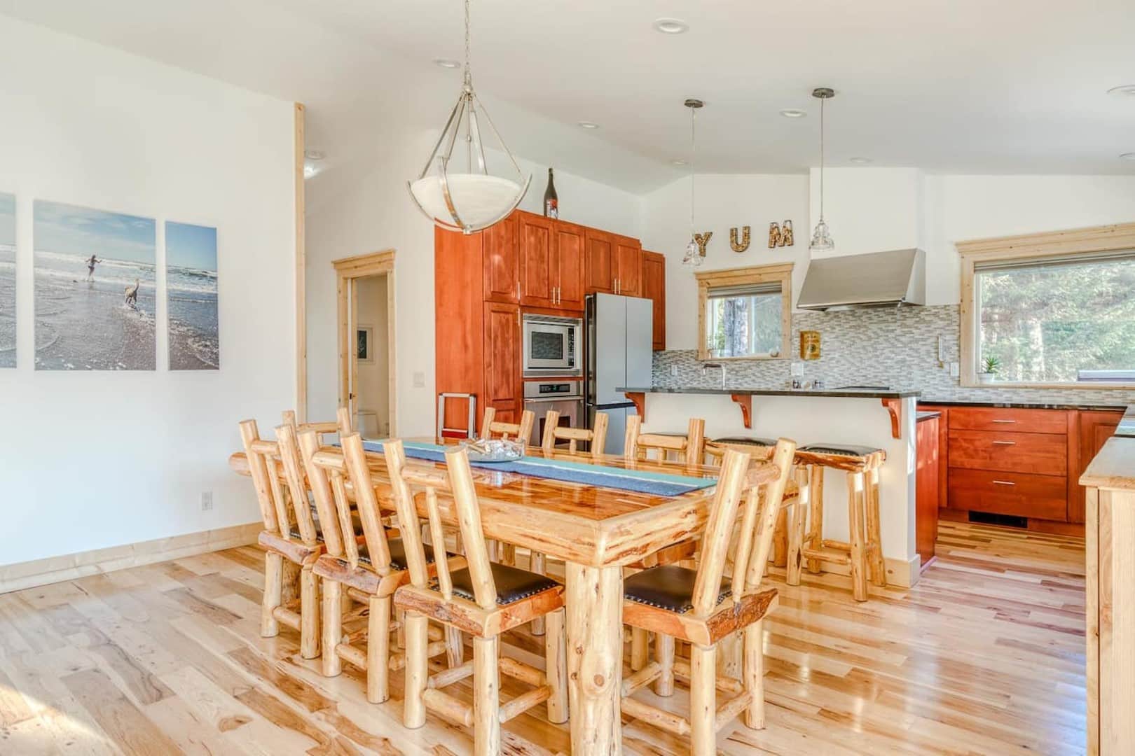 Beach Cabin - Large log dining room table easily seats 8 people
