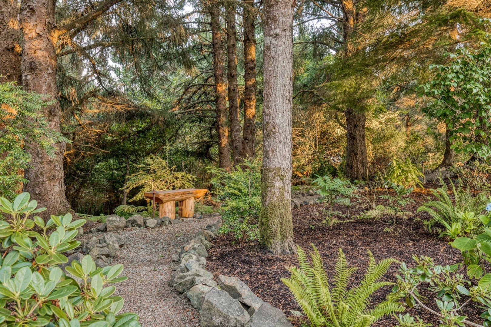Beach Cabin - The garden path has log benches, and lighting